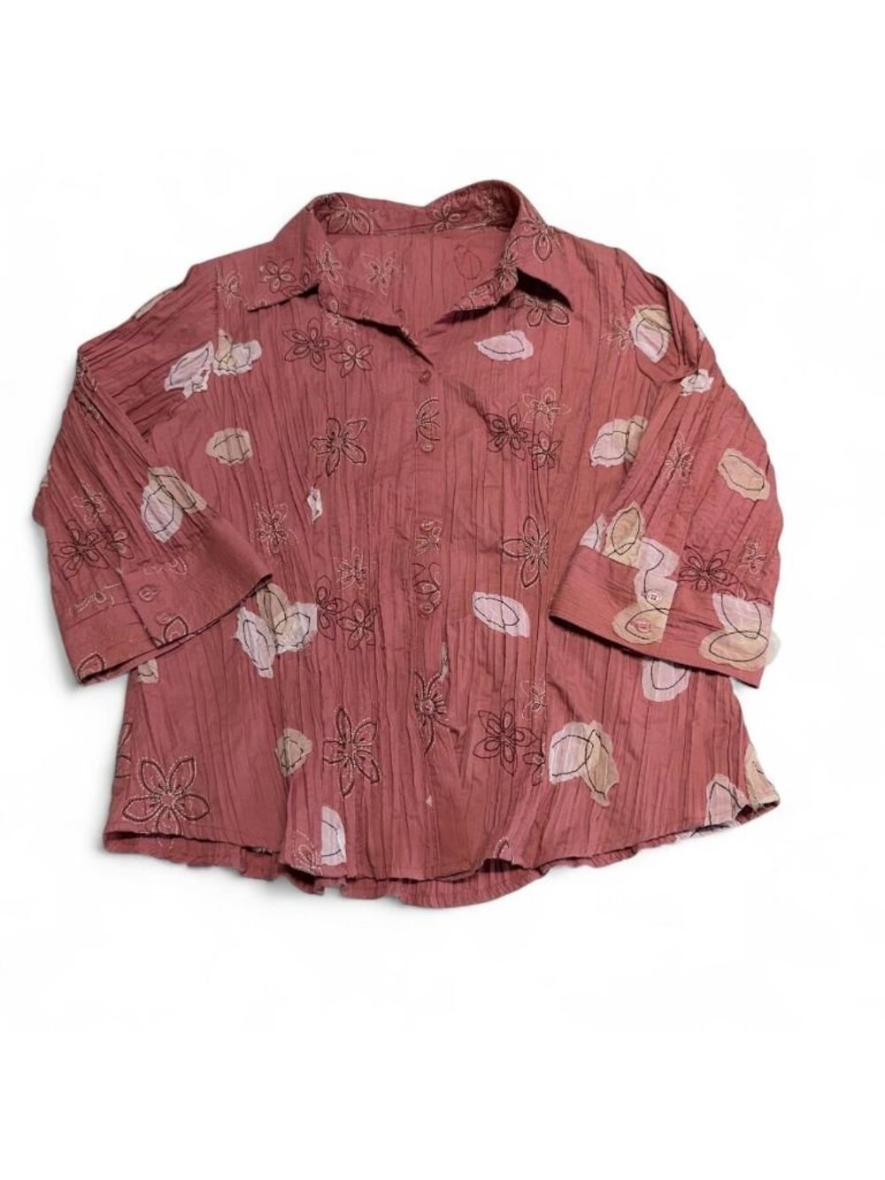 Crinkle Floral Applique Button Up Shirt Women's Medium Cottage Summer Casual